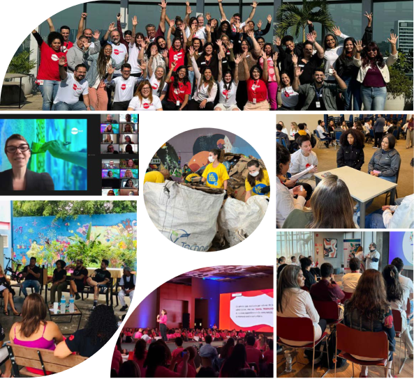 Colagem de fotos da equipe da Conexão Trabalho em ações de voluntariado corporativo e eventos com clientes