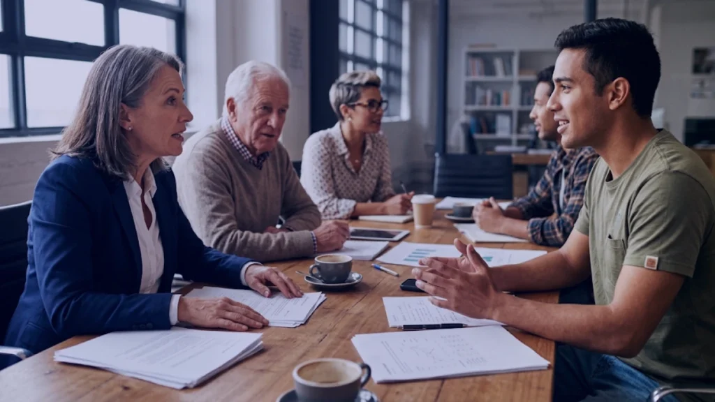 Grupo de pessoas de diferentes gerações reunidas à mesa em uma conversa sobre voluntariado corporativo, ilustrando a conexão entre propósito, pessoas e negócio